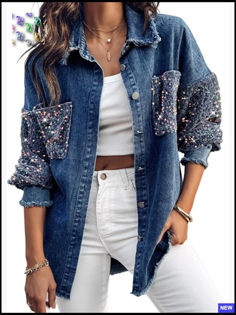 Casual Denim Jacket Contrast Sequin Rhinestone Long Sleeve Oversized Shacket